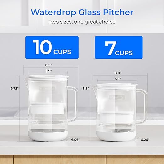 Waterdrop Large Glass Water Filter Pitcher, Eco-Friendly, with 1 NSF 53&42&372 Certified Filter, 10-Cup, Reduces PFOA/PFOS, Chlorine, Cadmium, Copper, Mercury, BPA Free, Easy to Clean, White