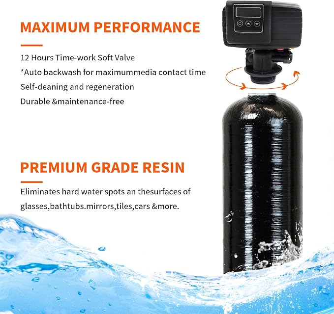Whole House Water Softener Valve 48,000 Grains - High Performance Automatic Digital Metered Control Head,Reduces Hardness & Minerals - Improve Water Quality - for 1-2 bathrooms