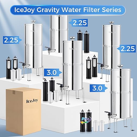 IceJoy Gravity Water Filtration System 2.25 Gallon - 304 Stainless Steel Countertop System with 2 Filters, Chlorine Reduction, NSF/ANSI 42 Certification