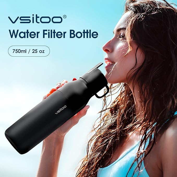 Vsitoo 25 oz Water Purifier Bottle–Stainless Steel, Carbon Fiber Filter, Double-Wall Insulated, BPA-Free, Ideal for Hiking, Cycling, Gym & Outdoor Use–Life Straw Compatible, Black