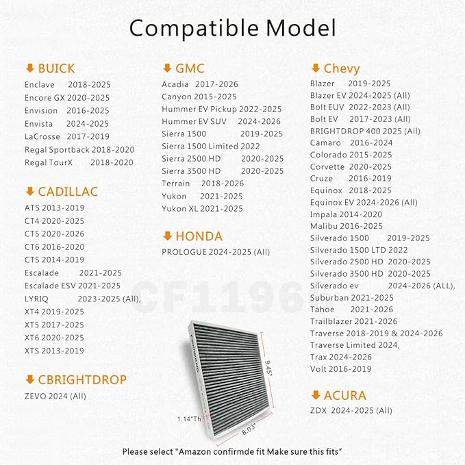 CF11966 Cabin Air Filter with Activated Carbon Compatible with Buick Enclave/LaCrosse, Cadillac ATS/CTS, Chevrolet Camaro/Cruze/Impala/Malibu/Silverado 2021-2025, GMC Sierra/Yukon 2021-2025