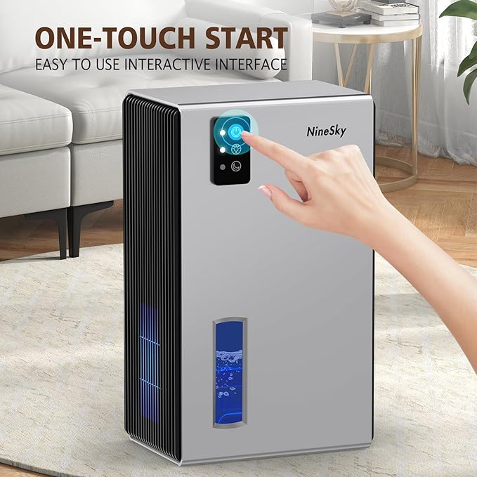 NineSky Dehumidifier for Home, 95 OZ Water Tank, (1000 sq.ft) Dehumidifiers for Bathroom Bedroom Basement with Auto Shut Off,7 Colors LED Light (Silver)