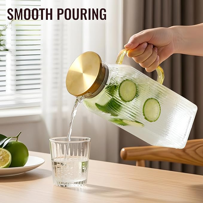 2 Liter/68 oz Square Glass Pitcher with Lid, Classic Stripes Water Pitchers with Handle for Fridge, Large Jug for Iced Tea, Coffee, Borosilicate Glass Carafe for Hot/Cold Brew Drink, Gold