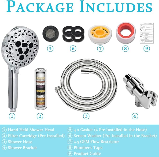 Filtered Shower Head with Handheld, High Pressure Shower Heads with Handheld Spray Combo, Filters, Shower Hose and Bracket, Chrome