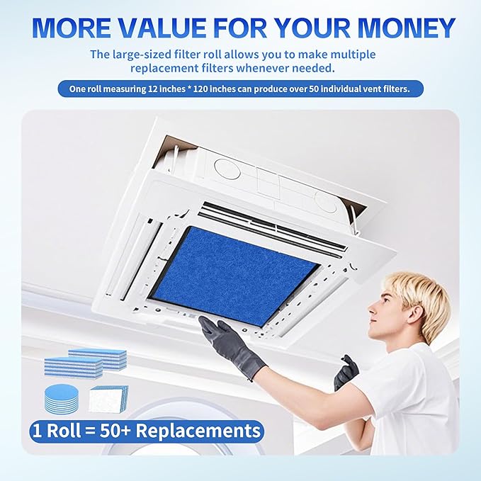 Custom Size Air Vent Filters – 12”x120” Electrostatic Filter Roll with MERV 8 Rating & Hook Tape, Makes 30+ Vent Covers for Home Floor, Grilles, Ceiling, HVAC Furnace Vents