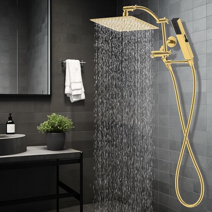Hibbent All Metal 10'' Rainfall Shower Head, Shower Head Combo, High Pressure Handheld Shower Wand, 4 Sprays, 16'' Adjustable Arc-shaped Extension Arm, 71'' Hose, Showerhead Holder, Brushed Gold
