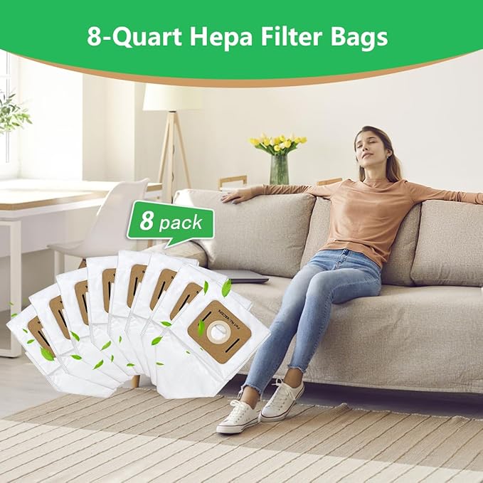 8 Pack Replacement VACBP6 HEPA Filter Bags Compatible for Atrix Ergo 8 Quart Backpack Vacuum, Replace Part VACBP36V VACBPAI VACBP1