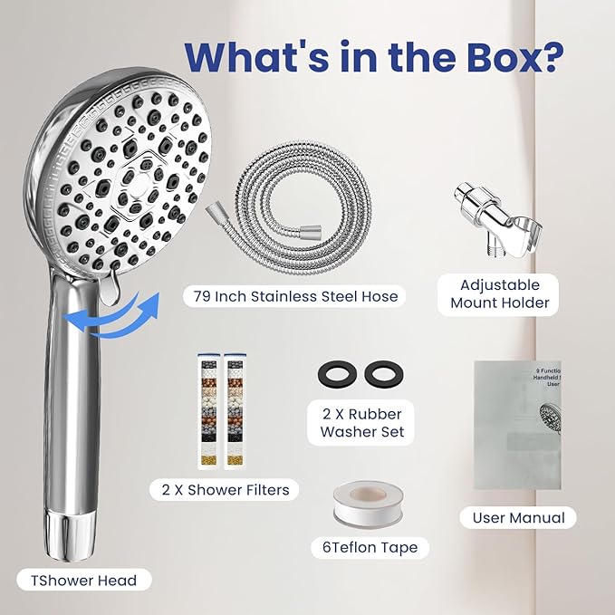 Filtered Shower Head with Handheld,7 Spray Settings High Pressure Showerhead Built in Power Wash to Clean Tub, Tile & Pet, Showerhead with Filters for Hard Water - Remove Chlorine, (Chrome)