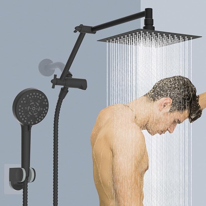 Metal Rain Shower Head with Handheld Spray Combo, 8” High Pressure Rainfall Shower Head with16" Shower Extension Arm, 10-Spray Handheld Built-in Power Wash, Solid Brass 3-Way Diverter, Matte Black