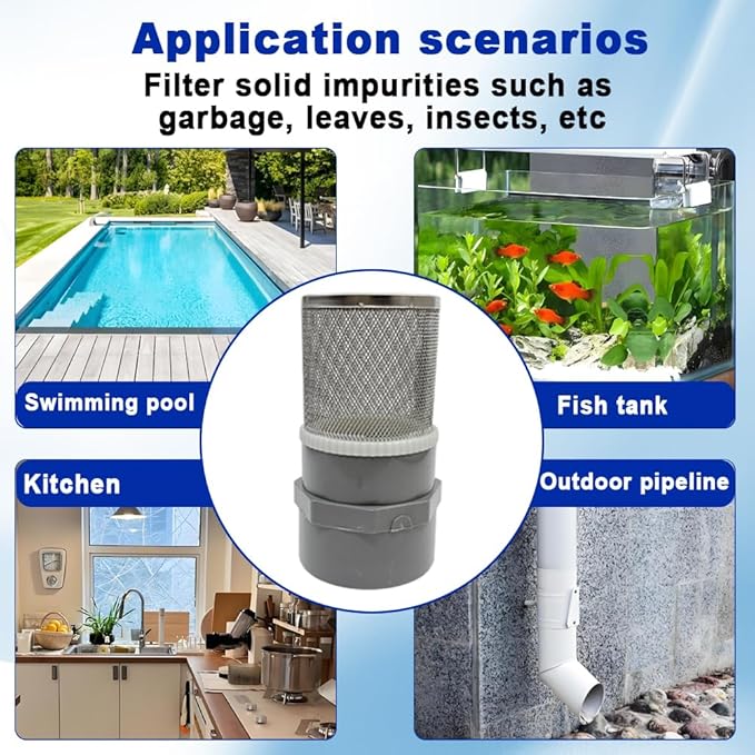 1.5" Stainless Steel Filter Cover Connected to 1.5 inch/DN40 Grey PVC Filter Water Pipe, Suction Strainers Used to Remove Debris and Reduce Solid Entry(1pcs)