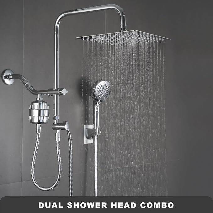 Dual Shower Head with Filter Combo,Stainless Steel 10in Rainfall Showerhead with 10in Height Adjustable Slide Bar&3-Way Diverter,Handheld Shower Head with On Off Switch&Adhesive Shower Holder