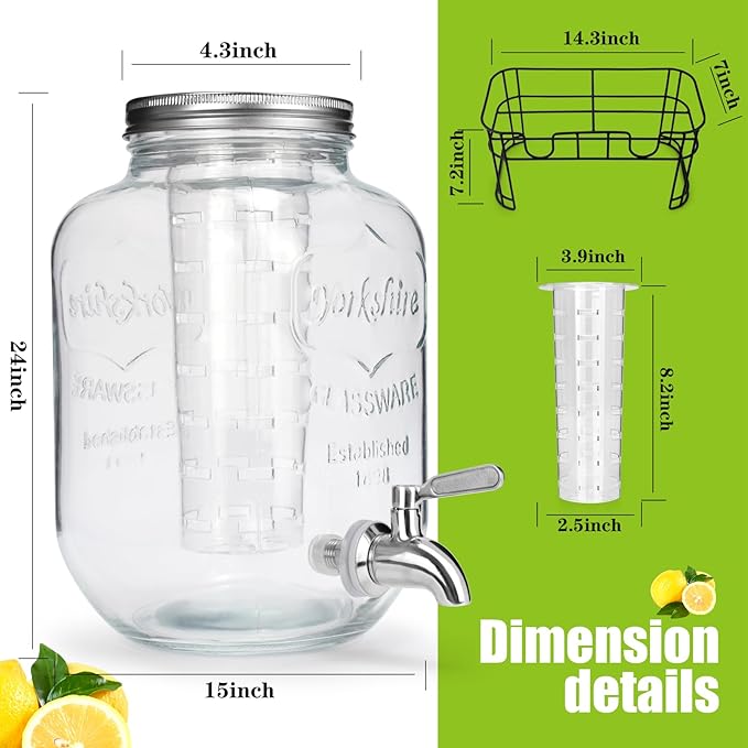 1 Gallon Glass Drink Dispensers For Parties 2PACK.Beverage Dispenser,Drink Dispenser With Stand And Stainless Steel Spigot 100% Leakproof.Glass Drink Dispenser With Ice Cylinder. Lemonade