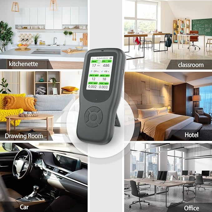 11-in-1 Air Quality Monitor - Portable Indoor Air Quality Detector with Stand, Real-Time Test for AQI, CO2, PM2.5, PM1.0, PM10, TVOC, HCHO, Particles, Temperature & Humidity with Aler (Black-White)