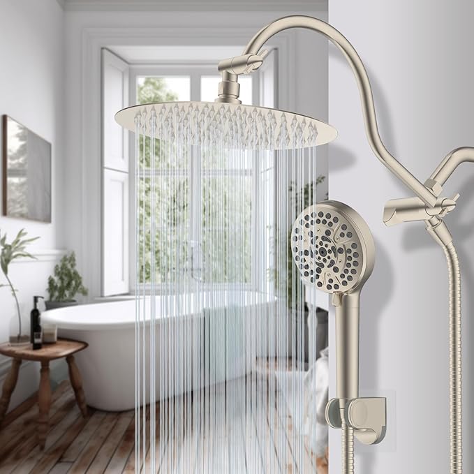 Hibbent All Metal Shower Head, 10'' High Pressure Rainfall Shower Head/Handheld Showerhead Combo/ 12'' Adjustable Curved Shower Extension Arm, 10-Spray, 71'' Adhesive Showerhead Holder, Brushed Nickel