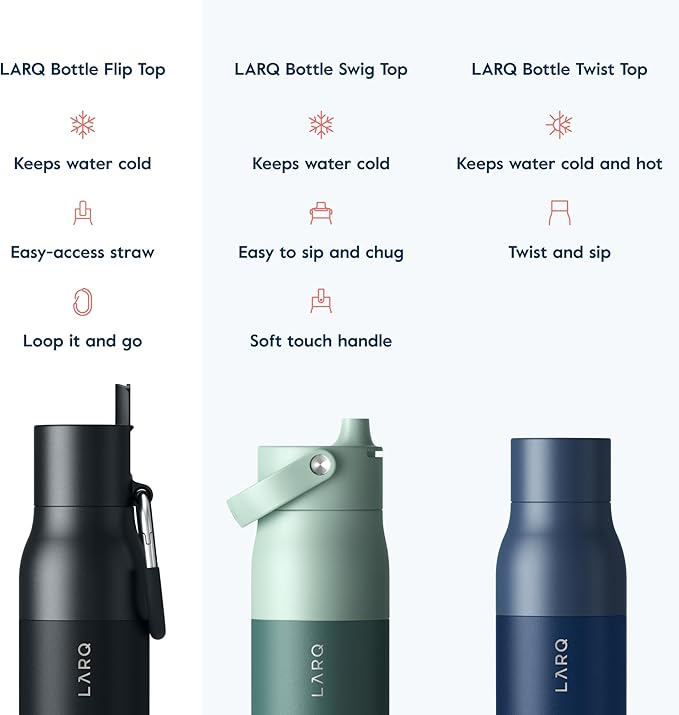 LARQ Flip Top 17 oz Insulated Stainless Steel Water Bottle With Straw | Thermos, BPA Free | Reusable Bottle for Sports, Gym, Travel | Keeps Drinks Cold 24 Hours, Obsidian Black