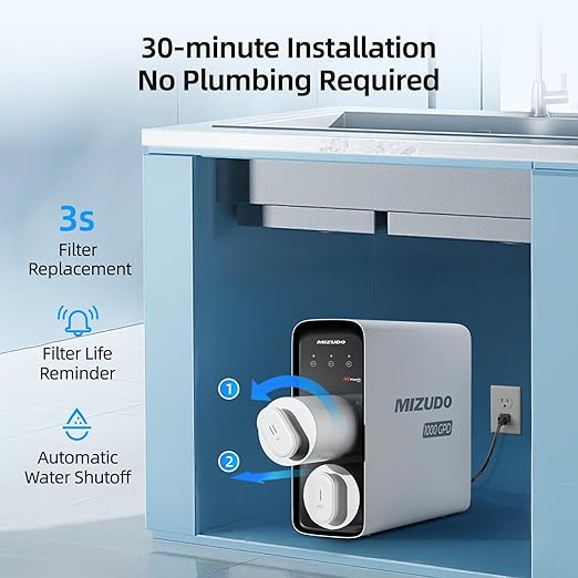 1000GPD Tankless Reverse Osmosis System, MIZUDO Megaflo Mini 8-Stage RO Water Filter Under Sink, 3-Year Filter Life, Anti-Leakage, 3:1 Pure to Drain, NSF/ANSI Certified, Lamp Ring Faucet