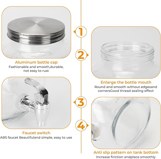 1 Gallon Glass Drink Dispensers, 2 Pack Clear Beverage Dispenser with Stand and Spigot for Parties, Drink Dispenser with Ice Core and Sticker for BBQ, Picnic, Lemonade Dispenser