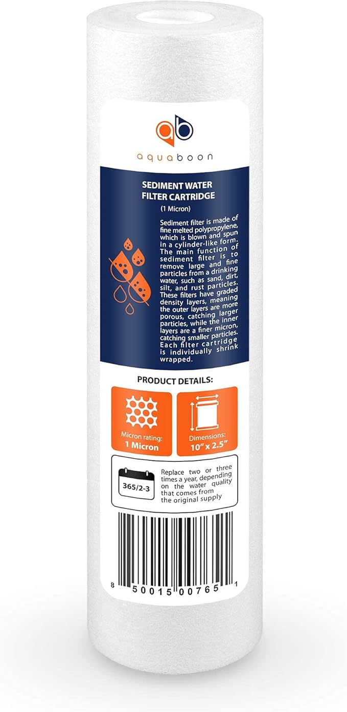 Aquaboon 1 Micron Whole House Sediment Filter 10 x 2.5 for RO & Well Water Filters Replacement Cartridges Compatible with AP110, WHKF-GD05, 25 Pack