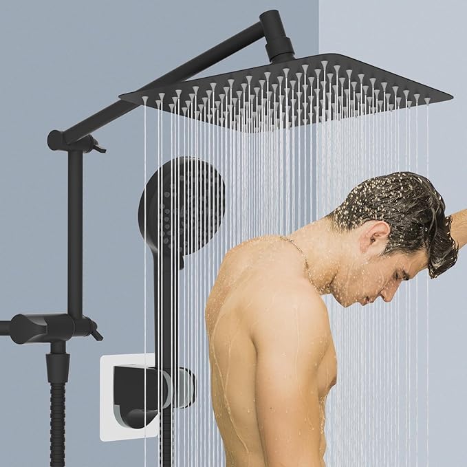 iFealClear Metal Rain Shower Head, 10” High Pressure Rainfall Shower Head with Handheld Spray Combo, 10-Spray Handheld Built-in Power Wash, 16" Shower Extension Arm, 3-Way Diverter, Matte Black