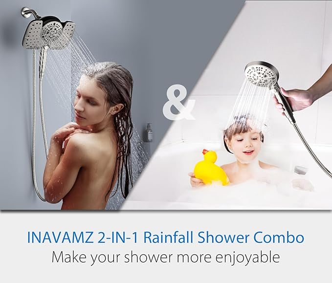 Nickel 2.5GPM Shower Head with Handheld High Pressure: 10” Rainfall Shower Head & HandHeld Shower Head, 9 Spray Settings Detachable Shower Head with ON/OFF Switch and 15-Stage Filter