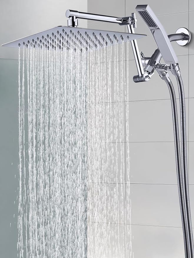 G-Promise All Metal 10 Inches Rainfall Shower Head with Handheld Spray Combo, 3 Settings Diverter, Adjustable Extension Arm with Lock Joints, 71 Inches Stainless Steel Hose (Chrome)