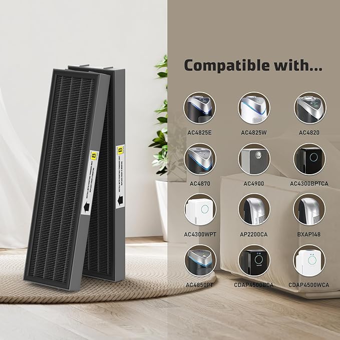 Filter B Smoke Clear HEPA Replacement Compatible with AC4825 AC4300 AC4800 AC4900 AC4850, 4 True HEPA Filters & 12 Activated Carbon Pre-Filters, FLT4825SM, Black/Gray