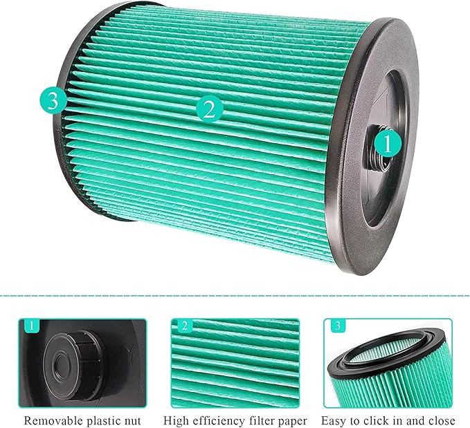 17912 & 9-17912 HEPA Vacuum Filter Compatible with Craftsman, Filter No.9-17912 fits 5, 6,8,9,12,14,16 and 32 gal vacs or larger made after 1988
