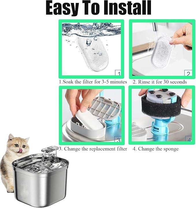 TuTuYa 32PCS Cat Water Fountain Filter, 16 Pack Cat Fountain Filter Replacement with 16 Sponges, for 108oz/3.2L & 67oz/2L Stainless Steel Pet Water Dispenser