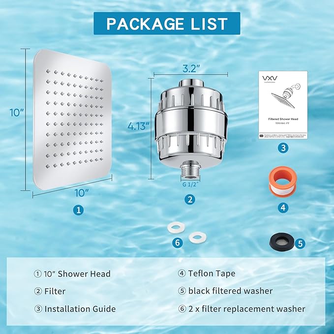 10'' High Pressure Filtered Shower Head Combo 20 Stage Shower Filter for Hard Water, Removes Chlorine & Harmful Substances (Chrome Polished)