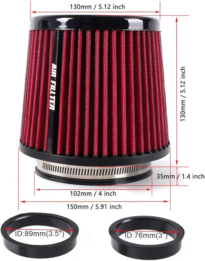 4-Inch Cold Air Intake Filter - Washable, High Performance, 3" or 3-1/2" or 4" Clamp-On Replacement Cone Air Filter Universal 3 Sizes in 1 Red
