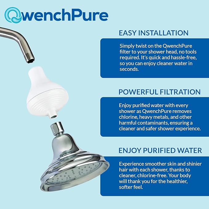 QwenchPure Shower Filter for Chlorine – High Output, 100% KDF-55, Removes Chlorine & Contaminants, Softens & Purifies Hard Water, Improves Skin & Hair, Easy Installation, Made for Hot Water
