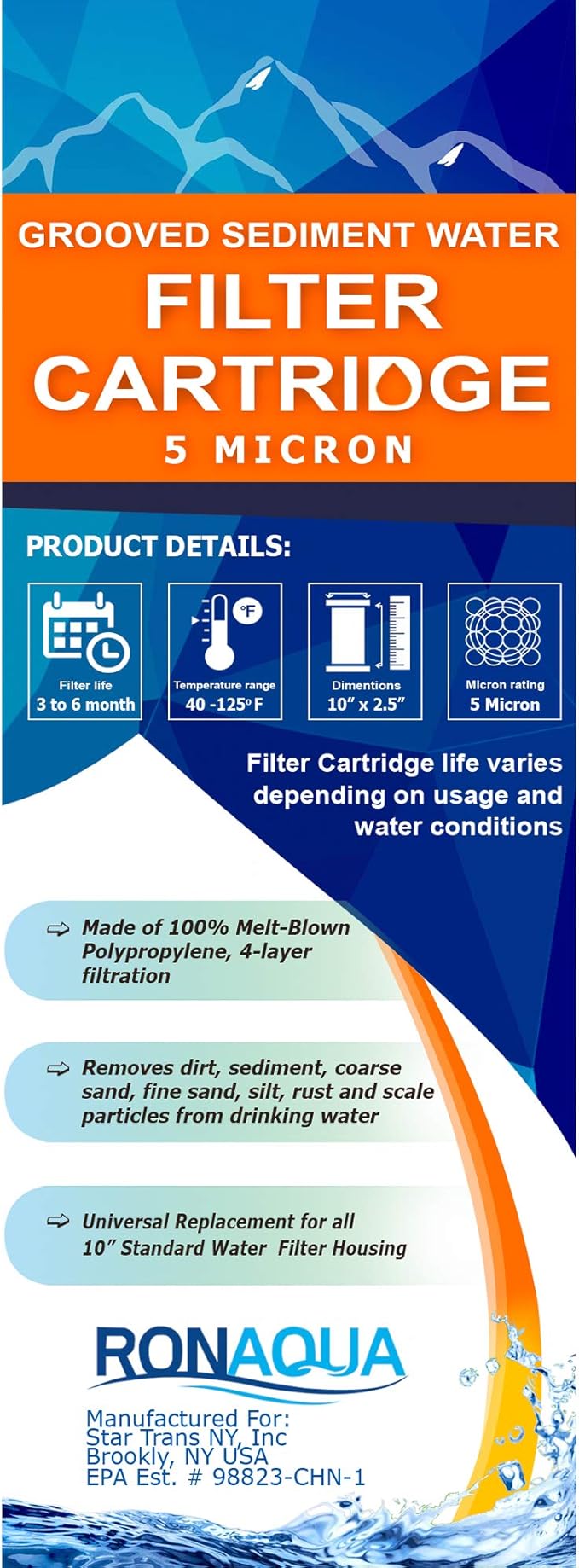 Grooved Sediment Water Filter Cartridge by Ronaqua 10"x 2.5", Four Layers of Filtration, Removes Sand, Dirt, Silt, Rust, made from Polypropylene (6 Pack, 5 Micron)