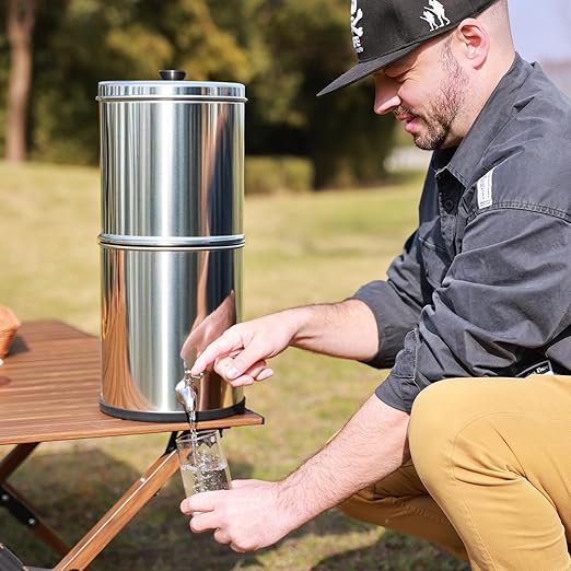 2.25G Ultra-Filtration Gravity Water Filter System,304 Stainless Steel Countertop System with 2 Carbon Filters and Stand ,NSF/ANSI 42 Certification,Reduce 99.9% Chlorine