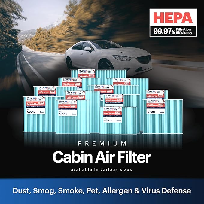 BNX TruFilter C7086 Cabin Air Filter, HEPA 99.97%, MADE IN USA, Compatible With Select Nissan Rogue, Rogue Sport