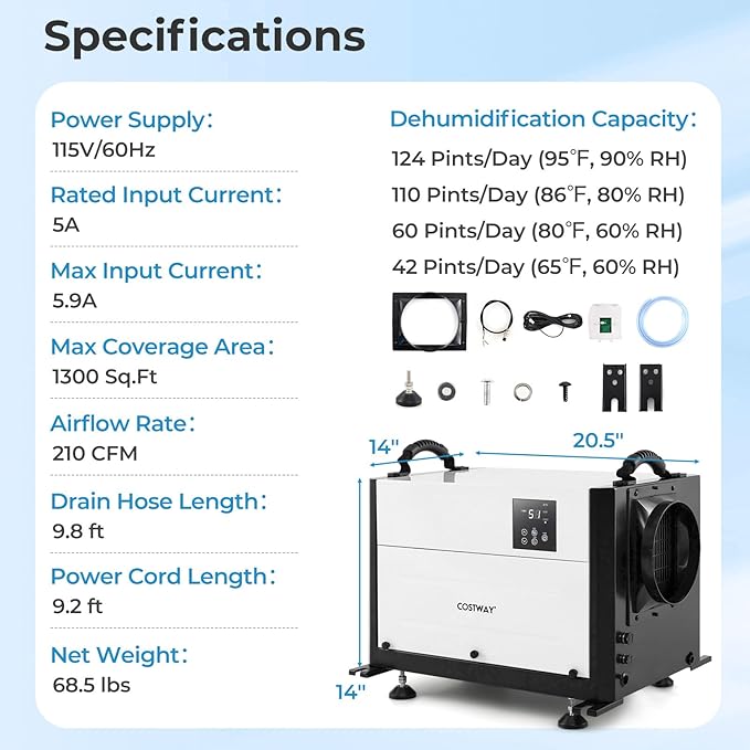 COSTWAY 124 PPD Commercial Dehumidifier, 1300 Sq.Ft Crawl Space Dehumidifier with 9.8 FT Drain Hose & Wired Remote Control Panel, Ideal for Basement, Warehouse, Job Site (White)