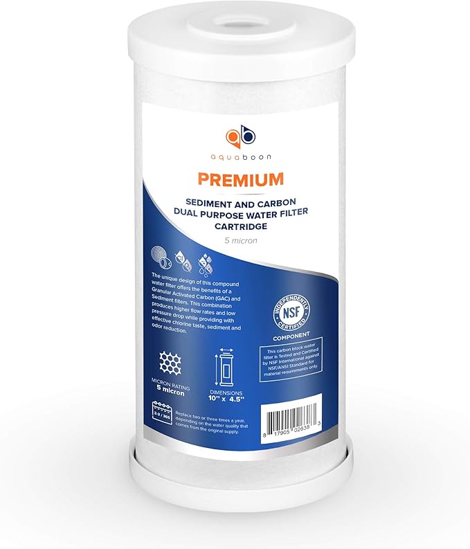 Aquaboon 5 Micron 10 x 4.5 Whole House Water Filter Replacement Cartridge, Superior High-Capacity Whole House Carbon And Sediment Water Filter Compatible With FXHTC, GXWH35F, WHKF-GD25BB (2 Pack)