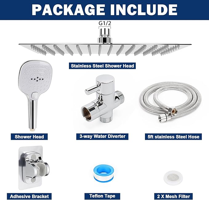 NearMoon Shower Head with Hose, High Pressure Stainless Steel Rain Shower and 3 Settings Handheld Spray Combo with Push Button Flow Control (12 Inch, Chrome Finish)