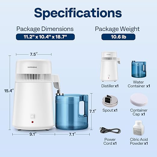 VIVOHOME Water Distiller Countertop 1.06 Gallon/4L 750W Distilled Water Machine with Smart Switch Purifier Filter for Home Office, White