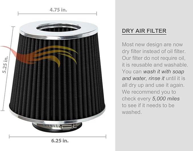 BLACK 4" 102 mm Inlet Truck Cold Air Cone Replacement Performance Washable Clamp-On Dry Air Filter (8" Tall)