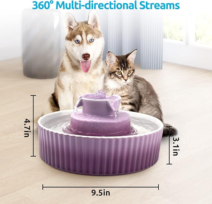 2.1L Ceramic Cat Water Fountain-for Cats and Dogs, 360 Ceramic Pet Fountain-70 Oz Large Water Capacity - Whisper-Quiet Water Flow-Great for Shy or Timid Pets - Fresh, Filtered Water(Purple)