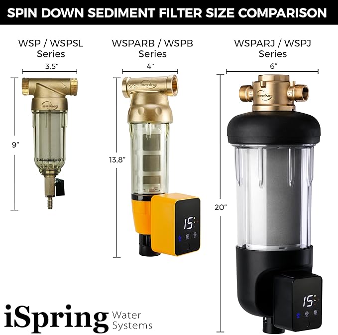 iSpring WSP200ARJ Spin-Down Sediment Water Filter, Upgraded Jumbo Size, Large Capacity, Reusable with Touch-Screen Auto Flushing Module, Brass Top Clear Housing, 200 Microns