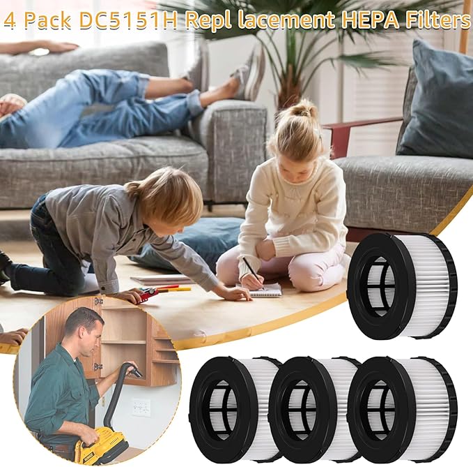 4-Pack DC5151H HEPA Filter Replacement, Compatible with DEWALT Dry Wet Vacuum DC515 DCV517 DCV517B, washable and reusable filter vacuum cleaner, with cleaning brush
