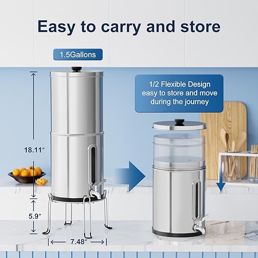 Purewell 1.5G Stainless-Steel Filter System with 4 Filters and Stand,8-Stage Gravity Water Filter System with Embedded Visual Water Level - Ideal for Kitchen, Reduce Fluoride and Chlorine