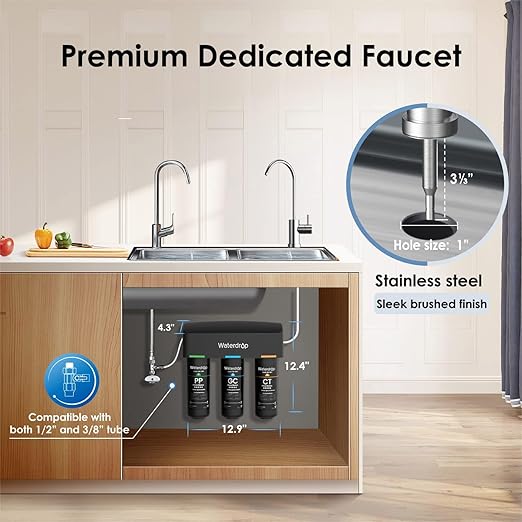 Waterdrop TSB 8 Layer Under Sink Water Filter, Reduces PFAS, PFOA/PFOS, Fluoride, Chlorine, Bad Taste & Odor, with Dedicated Faucet, NSF/ANSI 42 Certified Element, USA Tech Water Filtration System