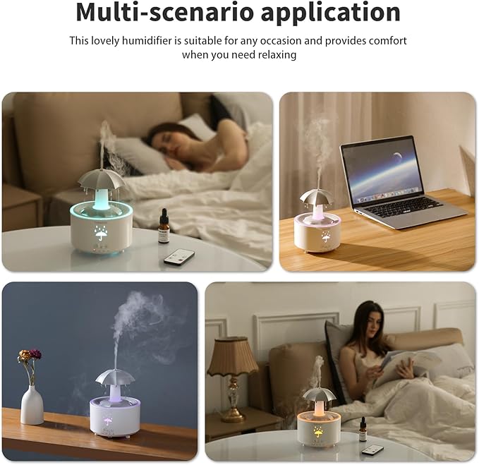 Humidifiers for Bedroom,Aromatherapy Essential Oils Diffuser,Quiet Ultrasonic Clouds and Cool Mist Humidifier, 7 Colors Breathing LED Light,Rotating Umbrella Rain Drops,Ideal Holiday Gifts for Home