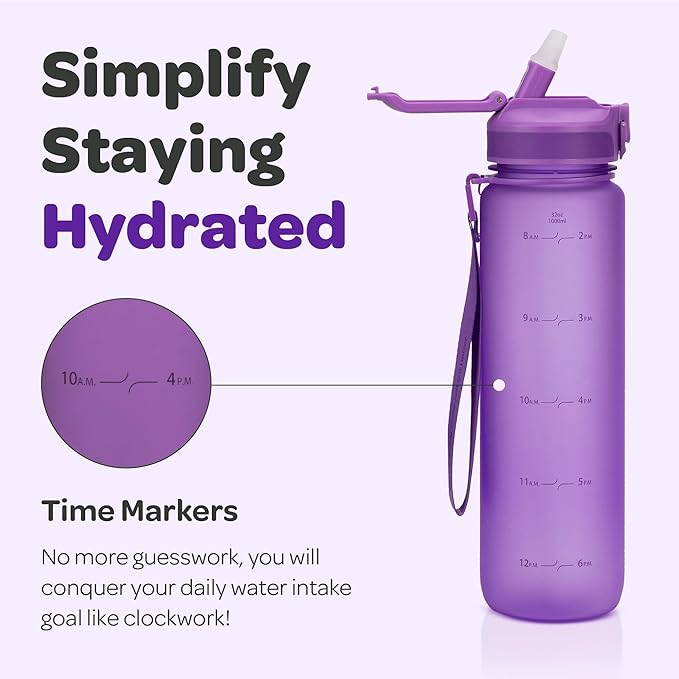 Hydracy Water Bottle with Time Marker -Large BPA Free Water Bottle & No Sweat Sleeve -Leak Proof Gym Bottle with Fruit Infuser Strainer & Times to Drink -Ideal for Fitness Sports & Outdoors