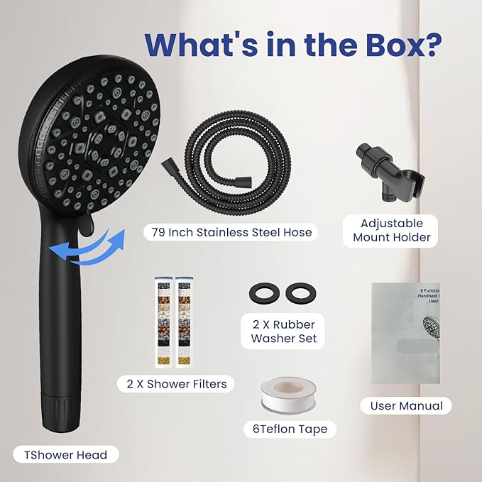 Filtered Shower Head with Handheld,7 Spray Settings High Pressure Showerhead Built in Power Wash to Clean Tub, Tile & Pet, Showerhead with Filters for Hard Water - Remove Chlorine, (black)