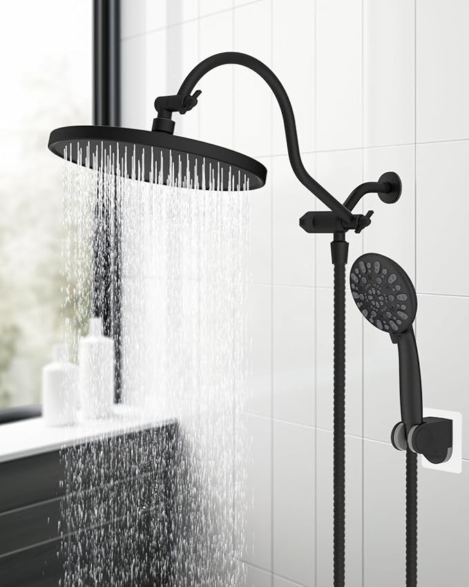 10'' Self-cleaning Rain Shower Head, High Pressure Handheld Shower Head, Showerhead Combo with 12'' Adjustable Curved Shower Extension Arm, 7-Spray, 71'' Hose, Showerhead Holder, Oil-Rubbed Bronze