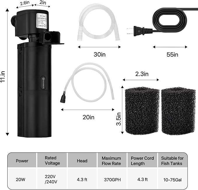 Internal Aquarium Filter for 10-75 Gallon Fish Tanks, Quiet 4-in-1 Turtle Tank Filter with Filtration, Oxygenation, Wave Making and Water Change