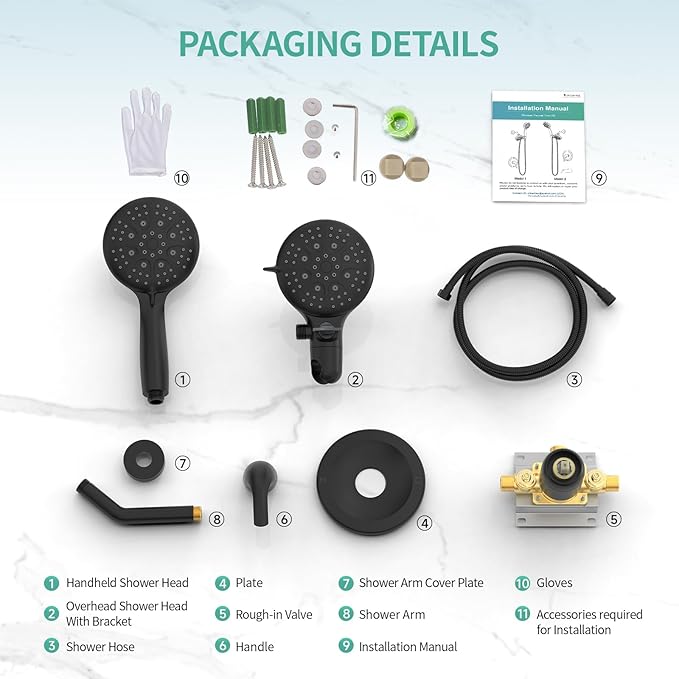 SR SUN RISE 6-Spray Shower Faucet 3-Way Combo Shower Head and Hand Held Shower Separately or Together, Shower Trim Kit Matte Black(Valve Include)